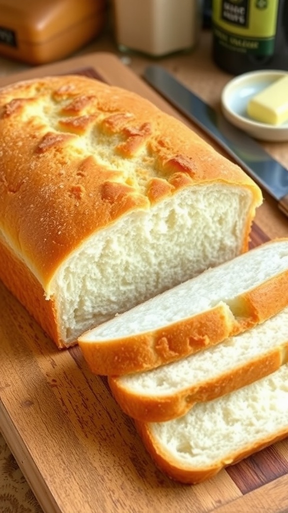 Freshly baked no-knead sandwich bread loaf sliced on a wooden board with butter.